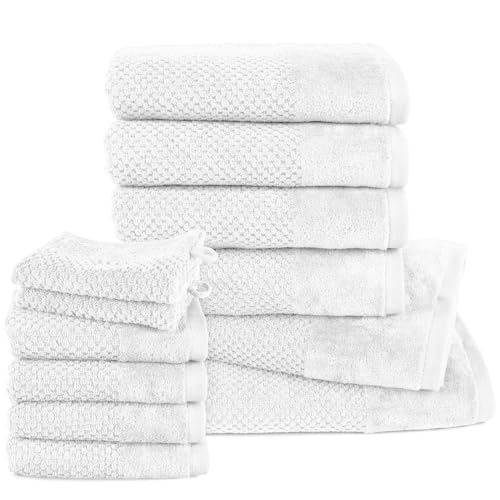 Pure Label 12.TLG. Handtücher Set aus 100% Baumwolle, saugstark und weich - 2X Badetuch (70x140 cm) 4X Handtuch (50x100cm) 4X Gästetuch (30x50 cm) 2X Waschlappen (16x21 cm), Weiß von Pure Label