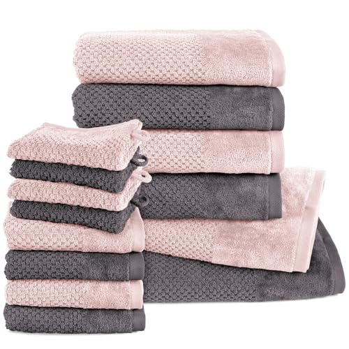 Pure Label 14.TLG. Handtücher Set aus Baumwolle, saugstark und weich - 2X Badetuch (70x140 cm) 4X Handtuch (50x100cm) 4X Gästetuch (30x50 cm) 4X Waschlappen (16x21 cm), Anthrazit | Rosa von Pure Label