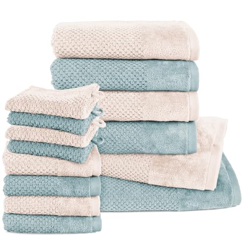 Pure Label 14.TLG. Handtücher Set aus Baumwolle, saugstark und weich - 2X Badetuch (70x140 cm) 4X Handtuch (50x100cm) 4X Gästetuch (30x50 cm) 4X Waschlappen (16x21 cm), Creme | Türkis von Pure Label