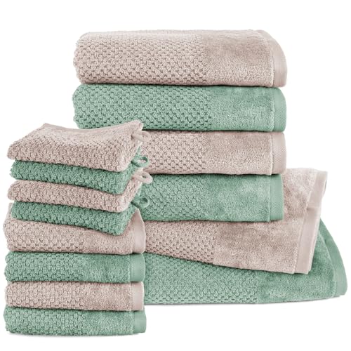 Pure Label 14.TLG. Handtücher Set aus Baumwolle, saugstark und weich - 2X Badetuch (70x140 cm) 4X Handtuch (50x100cm) 4X Gästetuch (30x50 cm) 4X Waschlappen (16x21 cm), Stein | Grün von Pure Label