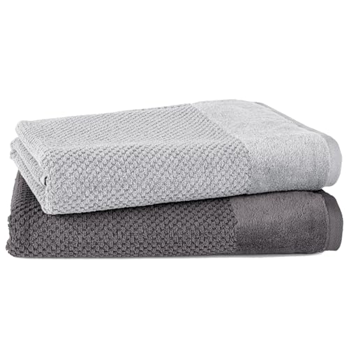 Pure Label 2-TLG. Badetücher Set mit Anhängeschlaufe aus 100% Baumwolle, saugstark, weich und Oeko-TEX Zertifiziert - 2 Badetücher aus Baumwolle 70x140 cm, Anthrazit | Grau von Pure Label