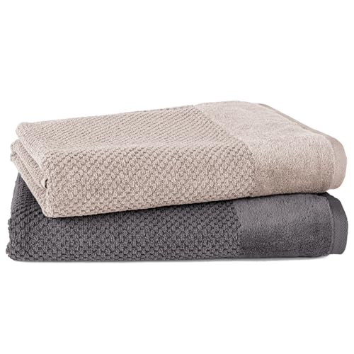 Pure Label 2-TLG. Badetücher Set mit Anhängeschlaufe aus 100% Baumwolle, saugstark, weich und Oeko-TEX Zertifiziert - 2 Badetücher aus Baumwolle 70x140 cm, Anthrazit | Stein von Pure Label