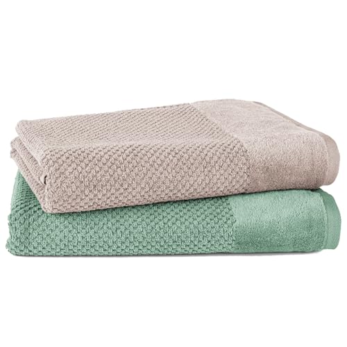 Pure Label 2-TLG. Badetücher Set mit Anhängeschlaufe aus 100% Baumwolle, saugstark, weich und Oeko-TEX Zertifiziert - 2 Badetücher aus Baumwolle 70x140 cm, Stein | Grün von Pure Label