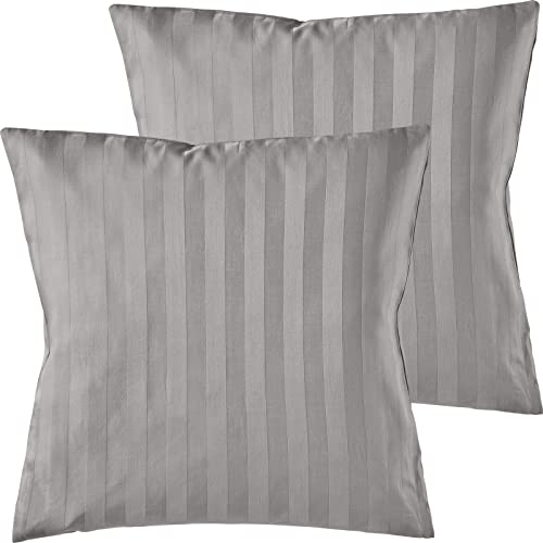 Pure Label 2er Set Mako Satin Damast Streifen Kissenbezüge 40x40 cm aus 100% Baumwolle in grau| Traumhaft weiche Deko Kissen passend zu unseren Bettwäsche Sets von Pure Label