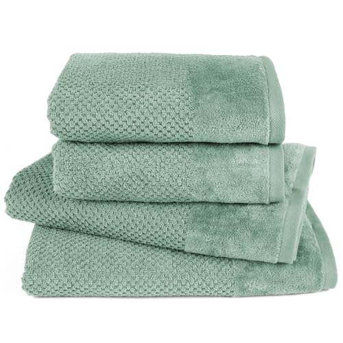 Pure Label 4-TLG. Handtücher Set mit Aufhängeschlaufen aus 100% Baumwolle, saugstark, weich und Oeko-TEX Zertifiziert - 2X Badetuch (70x140 cm) 2X Handtuch (50x100cm), Grün von Pure Label