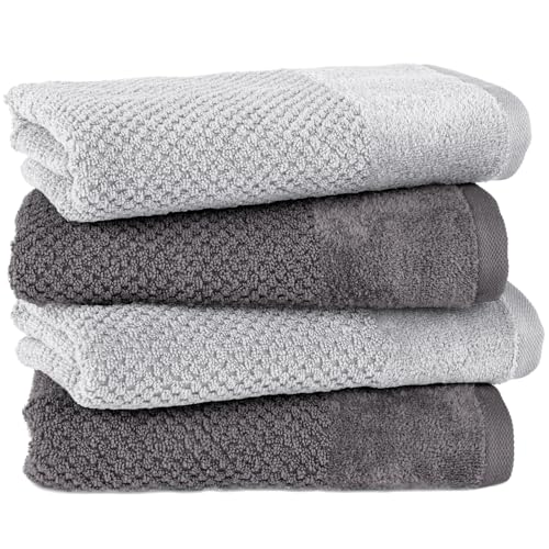Pure Label 4-TLG. Handtücher Set mit Aufhängeschlaufen aus 100% Baumwolle, saugstark und weich - 4er Pack Handtücher 50x100 cm auf feinster aus feinster Baumwolle, Anthrazit | Grau von Pure Label