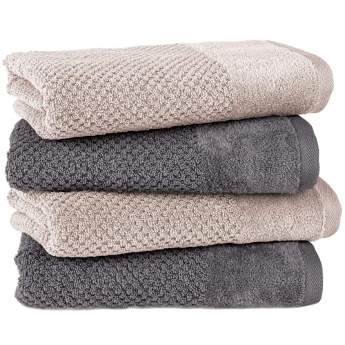 Pure Label 4-TLG. Handtücher Set mit Aufhängeschlaufen aus 100% Baumwolle, saugstark und weich - 4er Pack Handtücher 50x100 cm auf feinster aus feinster Baumwolle, Anthrazit | Stein von Pure Label