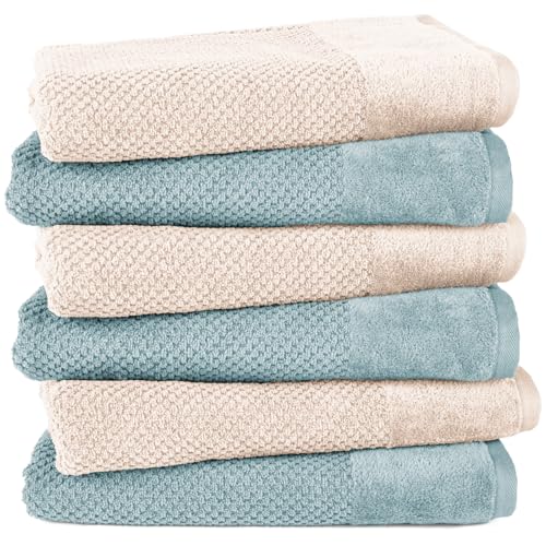 Pure Label 6-TLG. Badetücher Set mit Anhängeschlaufe aus 100% Baumwolle, saugstark, weich und Oeko-TEX Zertifiziert - 6 Badetücher aus Baumwolle 70x140 cm, Creme | Türkis von Pure Label