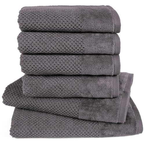 Pure Label 6-TLG. Handtücher Set mit Aufhängeschlaufen aus 100% Baumwolle, saugstark, weich und Oeko-TEX Zertifiziert - 2X Badetuch (70x140 cm) 4X Handtuch (50x100cm), Anthrazit - Grau von Pure Label