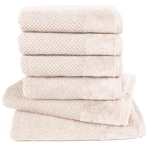 Pure Label 6-TLG. Handtücher Set mit Aufhängeschlaufen aus 100% Baumwolle, saugstark, weich und Oeko-TEX Zertifiziert - 2X Badetuch (70x140 cm) 4X Handtuch (50x100cm), Creme von Pure Label