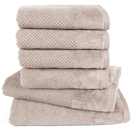 Pure Label 6-TLG. Handtücher Set mit Aufhängeschlaufen aus 100% Baumwolle, saugstark, weich und Oeko-TEX Zertifiziert - 2X Badetuch (70x140 cm) 4X Handtuch (50x100cm), Stein - Taupe von Pure Label