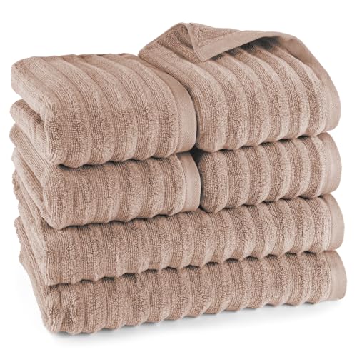 Pure Label 6-TLG. Handtücher Set mit Aufhängeschlaufen aus 100% Baumwolle, saugstark, weich und Oeko-TEX Zertifiziert - 2X Badetuch (70x140cm) 4X Handtuch (50x100cm), Hellbraun von Pure Label