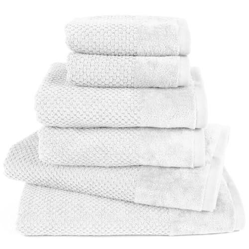 Pure Label 6-TLG. Handtücher Set mit Aufhängeschlaufen aus 100% Baumwolle, saugstark und weich - 2X Badetuch (70x140 cm) 2X Handtuch (50x100cm) 2X Gästetuch (30x50 cm), Weiß von Pure Label