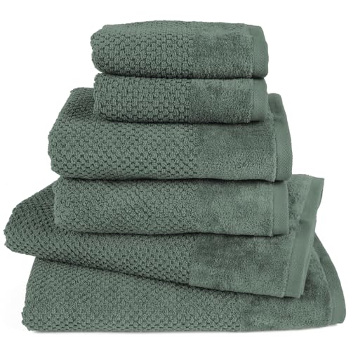 Pure Label 6-TLG. Handtücher Set mit Aufhängeschlaufen aus 100% Baumwolle, saugstark und weich - 2X Badetuch (70x140 cm) 2X Handtuch (50x100cm) 2X Gästetuch (30x50 cm) - Dunkelgrün von Pure Label