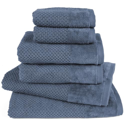 Pure Label 6-TLG. Handtücher Set mit Aufhängeschlaufen aus 100% Baumwolle, saugstark und weich - 2X Badetuch (70x140 cm) 2X Handtuch (50x100cm) 2X Gästetuch (30x50 cm) - Jeansblau von Pure Label