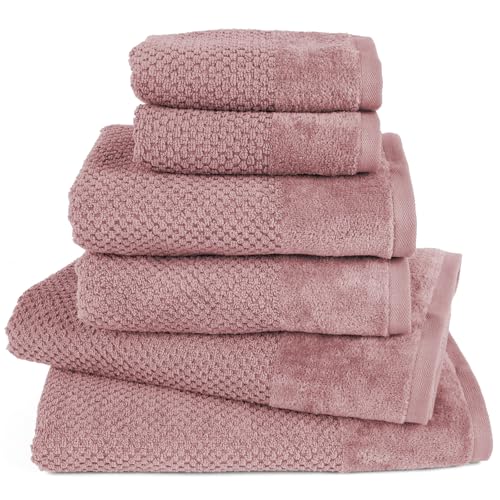 Pure Label 6-TLG. Handtücher Set mit Aufhängeschlaufen aus 100% Baumwolle, saugstark und weich - 2X Badetuch (70x140 cm) 2X Handtuch (50x100cm) 2X Gästetuch (30x50 cm) - Mauve von Pure Label