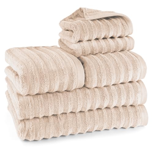 Pure Label 6-TLG. Handtücher Set mit Aufhängeschlaufen aus 100% Baumwolle, saugstark und weich - 2X Badetuch (70x140cm) 2X Handtuch (50x100cm) 2X Gästetuch (30x50cm), Beige von Pure Label