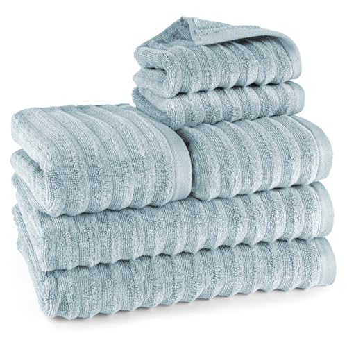 Pure Label 6-TLG. Handtücher Set mit Aufhängeschlaufen aus 100% Baumwolle, saugstark und weich - 2X Badetuch (70x140cm) 2X Handtuch (50x100cm) 2X Gästetuch (30x50cm), Blaugrau von Pure Label