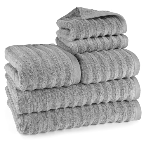Pure Label 6-TLG. Handtücher Set mit Aufhängeschlaufen aus 100% Baumwolle, saugstark und weich - 2X Badetuch (70x140cm) 2X Handtuch (50x100cm) 2X Gästetuch (30x50cm), Dunkelgrau von Pure Label