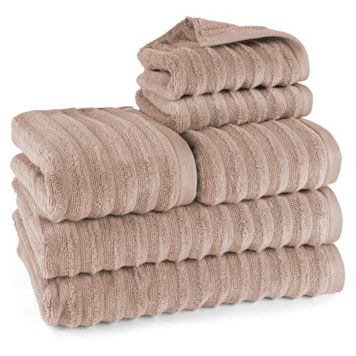 Pure Label 6-TLG. Handtücher Set mit Aufhängeschlaufen aus 100% Baumwolle, saugstark und weich - 2X Badetuch (70x140cm) 2X Handtuch (50x100cm) 2X Gästetuch (30x50cm), Hellbraun von Pure Label