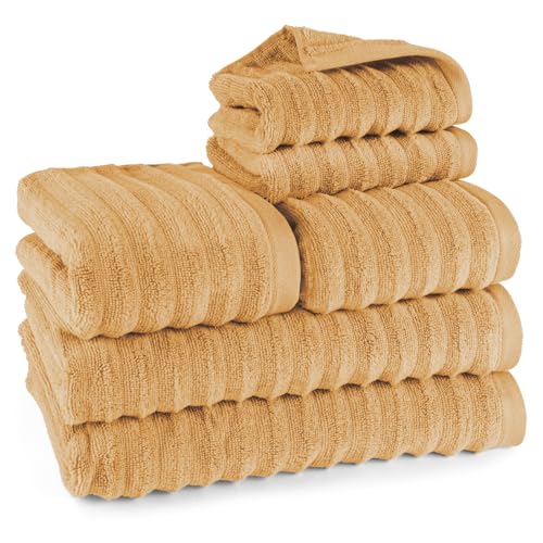 Pure Label 6-TLG. Handtücher Set mit Aufhängeschlaufen aus 100% Baumwolle, saugstark und weich - 2X Badetuch (70x140cm) 2X Handtuch (50x100cm) 2X Gästetuch (30x50cm), Safran von Pure Label