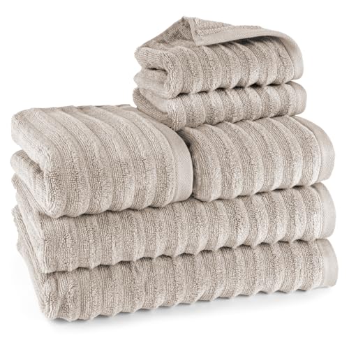 Pure Label 6-TLG. Handtücher Set mit Aufhängeschlaufen aus 100% Baumwolle, saugstark und weich - 2X Badetuch (70x140cm) 2X Handtuch (50x100cm) 2X Gästetuch (30x50cm), Taupe von Pure Label