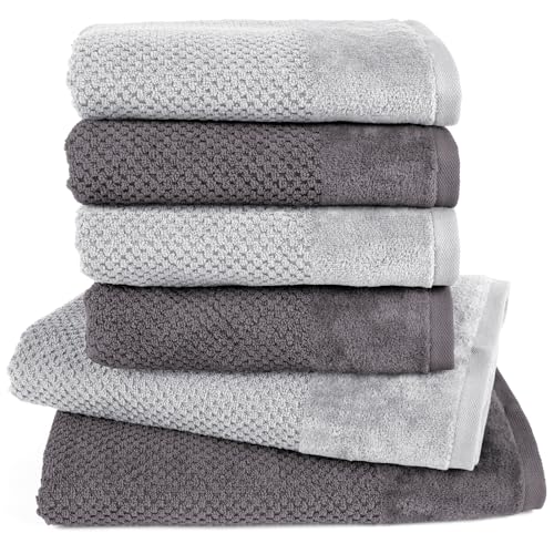 Pure Label 6-TLG. Handtücher Set mit Aufhängeschlaufen aus Baumwolle, saugstark, weich und Oeko-TEX Zertifiziert - 2X Badetuch (70x140 cm) 4X Handtuch (50x100cm), Anthrazit | Grau von Pure Label