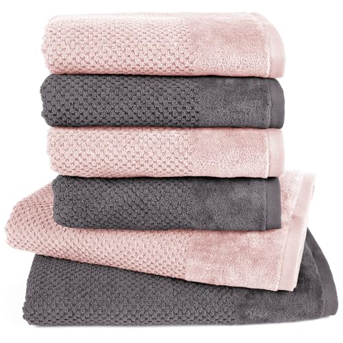 Pure Label 6-TLG. Handtücher Set mit Aufhängeschlaufen aus Baumwolle, saugstark, weich und Oeko-TEX Zertifiziert - 2X Badetuch (70x140 cm) 4X Handtuch (50x100cm), Anthrazit | Rosa von Pure Label
