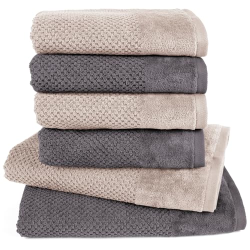 Pure Label 6-TLG. Handtücher Set mit Aufhängeschlaufen aus Baumwolle, saugstark, weich und Oeko-TEX Zertifiziert - 2X Badetuch (70x140 cm) 4X Handtuch (50x100cm), Anthrazit | Stein von Pure Label