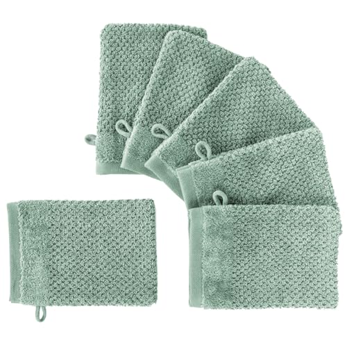 Pure Label 6-TLG. Waschhandschuh Waschlappen Set mit Anhängeschlaufe aus 100% Baumwolle, saugstark, weich und Oeko-TEX Zertifiziert - 6 Waschlappen aus Baumwolle 16x21cm, Grün - Salbeigrün von Pure Label