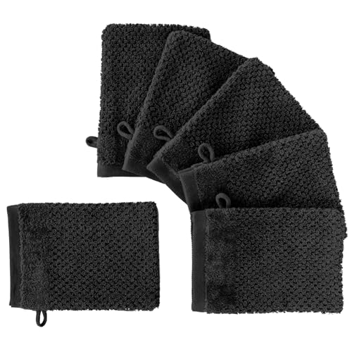 Pure Label 6-TLG. Waschhandschuh Waschlappen Set mit Anhängeschlaufe aus 100% Baumwolle, saugstark, weich und Oeko-TEX Zertifiziert - 6 Waschlappen aus Baumwolle 16x21cm, Schwarz von Pure Label