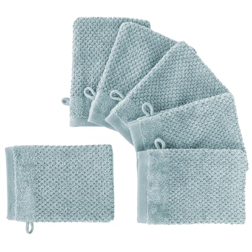 Pure Label 6-TLG. Waschhandschuh Waschlappen Set mit Anhängeschlaufe aus 100% Baumwolle, saugstark, weich und Oeko-TEX Zertifiziert - 6 Waschlappen aus Baumwolle 16x21cm, Türkis - Blau von Pure Label