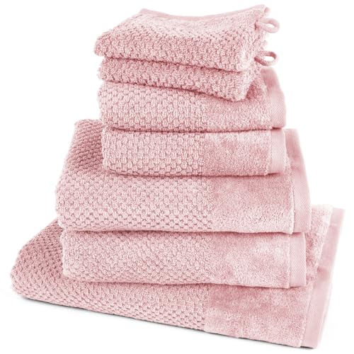 Pure Label 7-TLG. Handtücher Set aus 100% Baumwolle, saugstark und weich - 1x Badetuch (70x140 cm) 2X Handtuch (50x100cm) 2X Gästetuch (30x50 cm) 2X Waschlappen (16x21 cm), Rosa von Pure Label