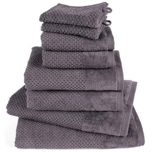 Pure Label 8-TLG. Handtücher Set aus 100% Baumwolle, saugstark und weich - 2X Badetuch (70x140 cm) 2X Handtuch (50x100cm) 2X Gästetuch (30x50 cm) 2X Waschlappen (16x21 cm), Anthrazit - Grau von Pure Label