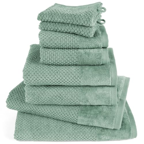 Pure Label 8-TLG. Handtücher Set aus 100% Baumwolle, saugstark und weich - 2X Badetuch (70x140 cm) 2X Handtuch (50x100cm) 2X Gästetuch (30x50 cm) 2X Waschlappen (16x21 cm), Grün von Pure Label