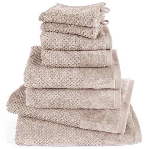 Pure Label 8-TLG. Handtücher Set aus 100% Baumwolle, saugstark und weich - 2X Badetuch (70x140 cm) 2X Handtuch (50x100cm) 2X Gästetuch (30x50 cm) 2X Waschlappen (16x21 cm), Stein - Taupe von Pure Label