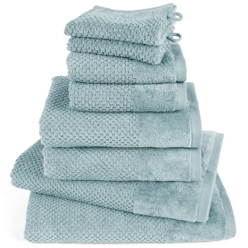 Pure Label 8-TLG. Handtücher Set aus 100% Baumwolle, saugstark und weich - 2X Badetuch (70x140 cm) 2X Handtuch (50x100cm) 2X Gästetuch (30x50 cm) 2X Waschlappen (16x21 cm), Türkis von Pure Label