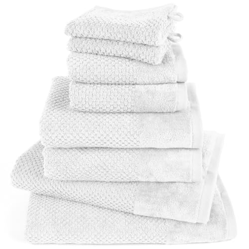 Pure Label 8-TLG. Handtücher Set aus 100% Baumwolle, saugstark und weich - 2X Badetuch (70x140 cm) 2X Handtuch (50x100cm) 2X Gästetuch (30x50 cm) 2X Waschlappen (16x21 cm), Weiß von Pure Label