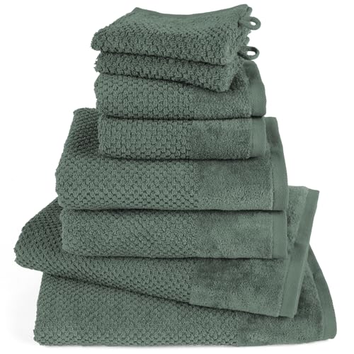 Pure Label 8-TLG. Handtücher Set aus 100% Baumwolle, saugstark und weich - 2X Badetuch (70x140 cm) 2X Handtuch (50x100cm) 2X Gästetuch (30x50 cm) 2X Waschlappen (16x21 cm) - Dunkelgrün von Pure Label