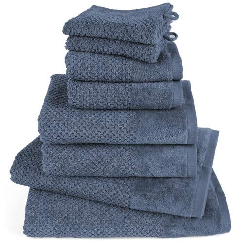 Pure Label 8-TLG. Handtücher Set aus 100% Baumwolle, saugstark und weich - 2X Badetuch (70x140 cm) 2X Handtuch (50x100cm) 2X Gästetuch (30x50 cm) 2X Waschlappen (16x21 cm) - Jeansblau von Pure Label