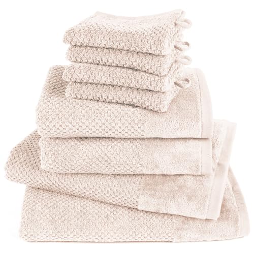 Pure Label 8-TLG. Handtücher Set mit Aufhängeschlaufen aus 100% Baumwolle, saugstark und weich - 2X Badetuch (70x140 cm) 2X Handtuch (50x100cm) 4X Waschlappen (16x21 cm), Creme von Pure Label