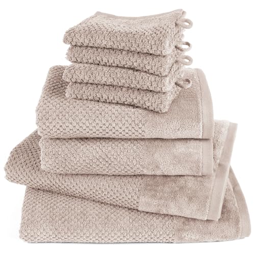 Pure Label 8-TLG. Handtücher Set mit Aufhängeschlaufen aus 100% Baumwolle, saugstark und weich - 2X Badetuch (70x140 cm) 2X Handtuch (50x100cm) 4X Waschlappen (16x21 cm), Stein - Taupe von Pure Label