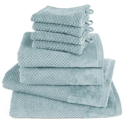 Pure Label 8-TLG. Handtücher Set mit Aufhängeschlaufen aus 100% Baumwolle, saugstark und weich - 2X Badetuch (70x140 cm) 2X Handtuch (50x100cm) 4X Waschlappen (16x21 cm), Türkis von Pure Label