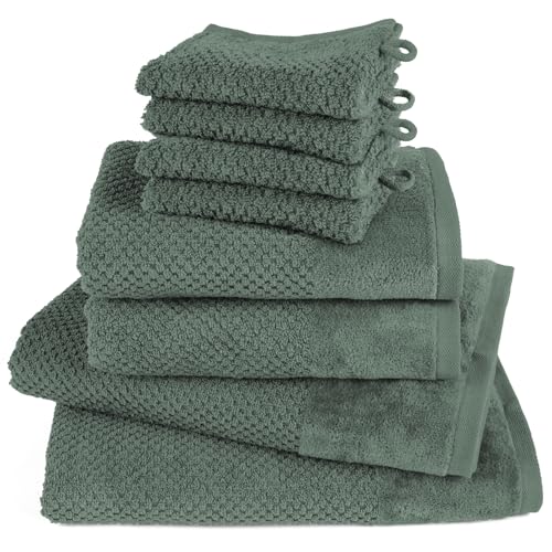 Pure Label 8-TLG. Handtücher Set mit Aufhängeschlaufen aus 100% Baumwolle, saugstark und weich - 2X Badetuch (70x140 cm) 2X Handtuch (50x100cm) 4X Waschlappen (16x21 cm) - Dunkelgrün von Pure Label