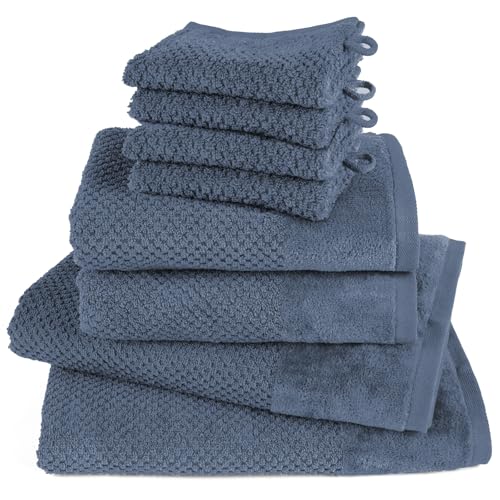 Pure Label 8-TLG. Handtücher Set mit Aufhängeschlaufen aus 100% Baumwolle, saugstark und weich - 2X Badetuch (70x140 cm) 2X Handtuch (50x100cm) 4X Waschlappen (16x21 cm) - Jeansblau von Pure Label