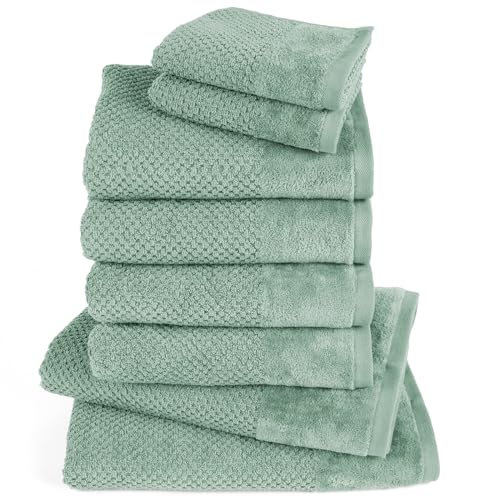 Pure Label 8-TLG. Handtücher Set mit Aufhängeschlaufen aus 100% Baumwolle, saugstark und weich - 2X Badetuch (70x140 cm) 4X Handtuch (50x100cm) 2X Gästetuch (30x50 cm), Grün von Pure Label