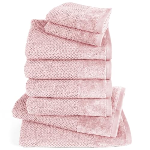 Pure Label 8-TLG. Handtücher Set mit Aufhängeschlaufen aus 100% Baumwolle, saugstark und weich - 2X Badetuch (70x140 cm) 4X Handtuch (50x100cm) 2X Gästetuch (30x50 cm), Rosa von Pure Label