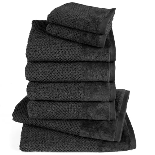 Pure Label 8-TLG. Handtücher Set mit Aufhängeschlaufen aus 100% Baumwolle, saugstark und weich - 2X Badetuch (70x140 cm) 4X Handtuch (50x100cm) 2X Gästetuch (30x50 cm), Schwarz von Pure Label