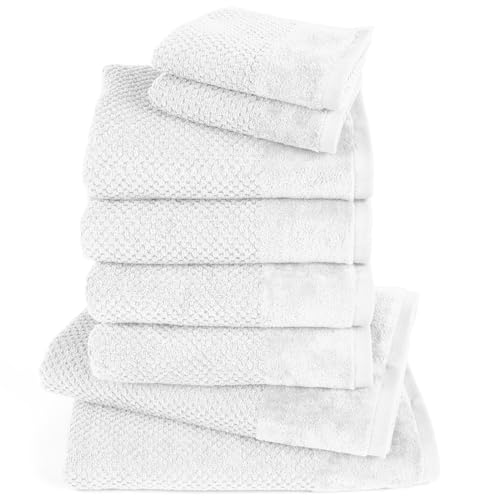 Pure Label 8-TLG. Handtücher Set mit Aufhängeschlaufen aus 100% Baumwolle, saugstark und weich - 2X Badetuch (70x140 cm) 4X Handtuch (50x100cm) 2X Gästetuch (30x50 cm), Weiß von Pure Label