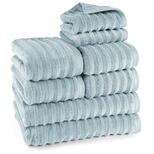 Pure Label 8-TLG. Handtücher Set mit Aufhängeschlaufen aus 100% Baumwolle, saugstark und weich - 2X Badetuch (70x140cm) 4X Handtuch (50x100cm) 2X Gästetuch (30x50cm), Blaugrau von Pure Label